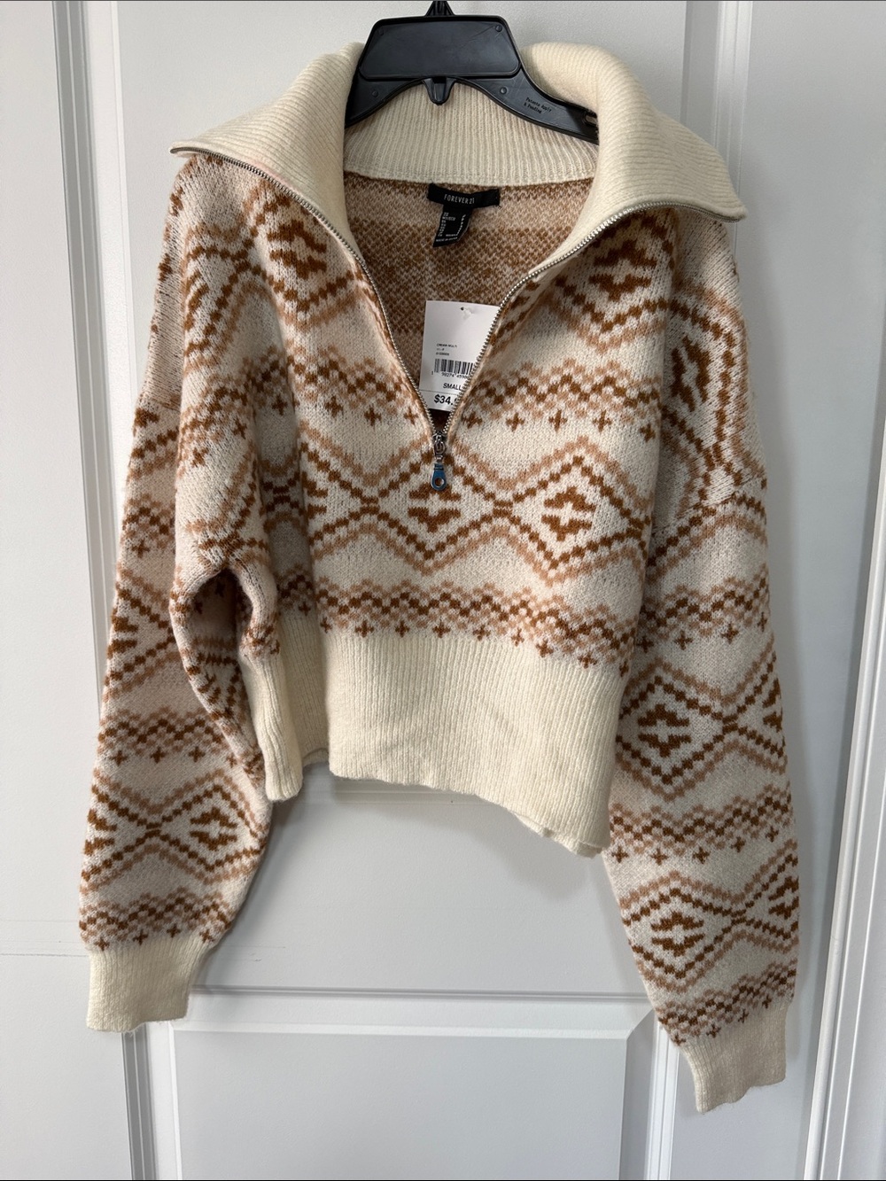 Forever 21 Cream & Brown Fair Isle Zip-Neck Sweater